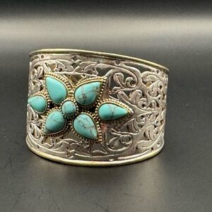 Lucky Brand two-tone turquoise blossom filigree cutout statement cuff bracelet.